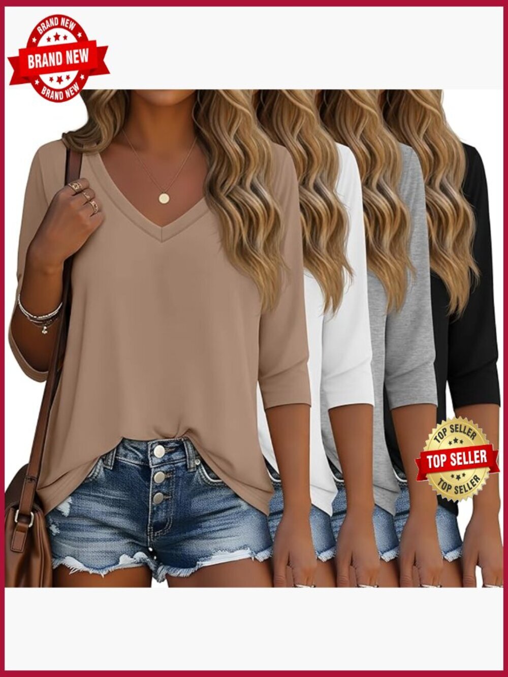 4 Pack Women's 3/4 Sleeve V Neck Loose Fit Cotton Tunic Tops T Shirts